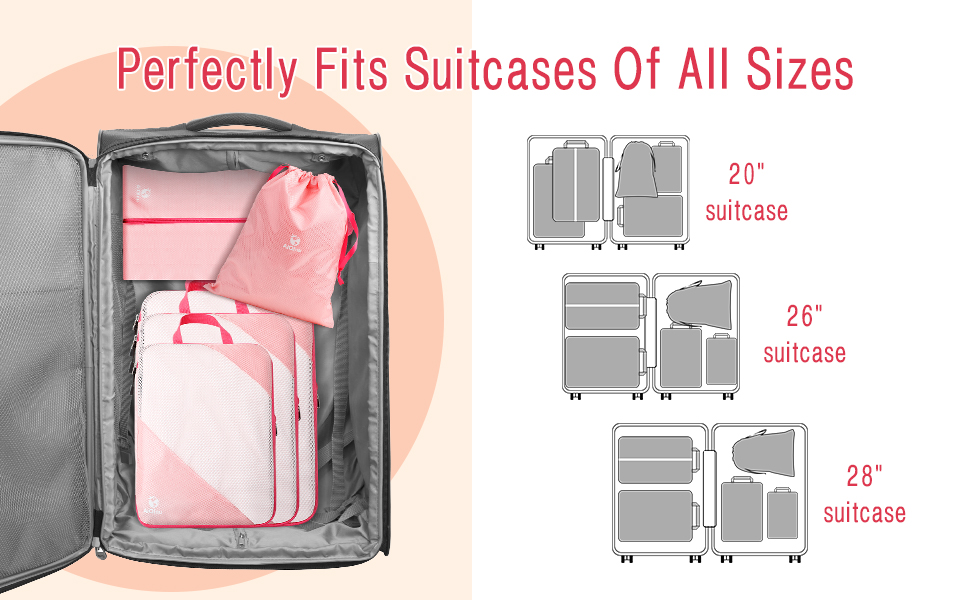 Набір компресійних органайзерів для подорожей AiQInu (5 шт.), ультралегкі сумки для пакування одягу в валізу з мішком для взуття та прання, рожеві
