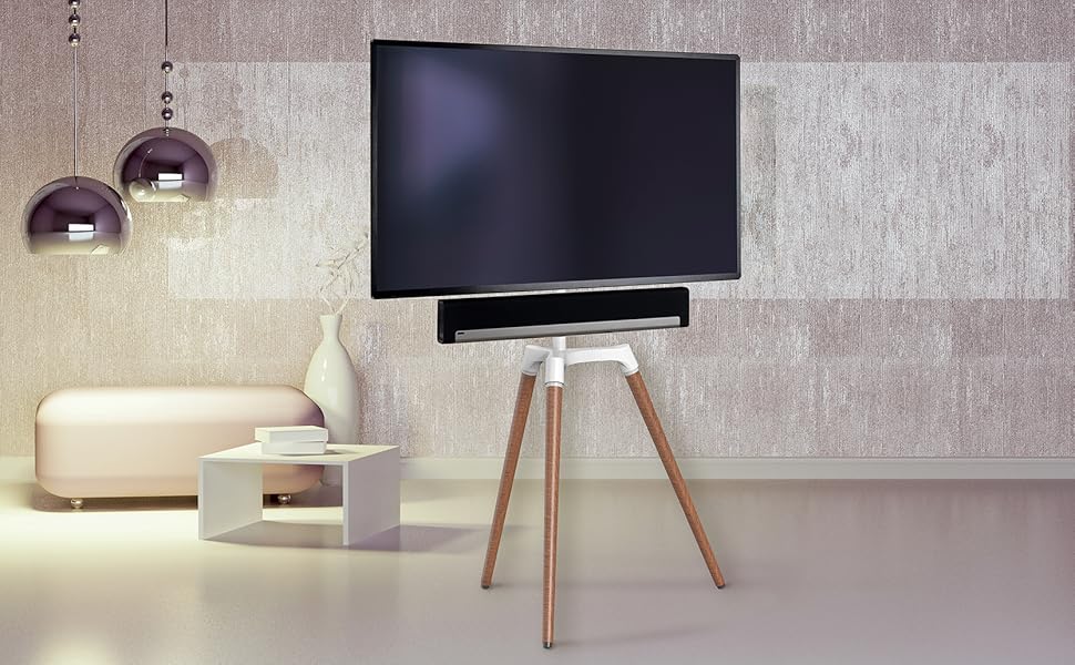 Підставка для телевізора Schwaiger 658200: дерев'яна стійка-монопод для телевізорів до 65 дюймів, до 35 кг, з кріпленням для саундбару, білий/бук, справжнє дерево, преміум-якість