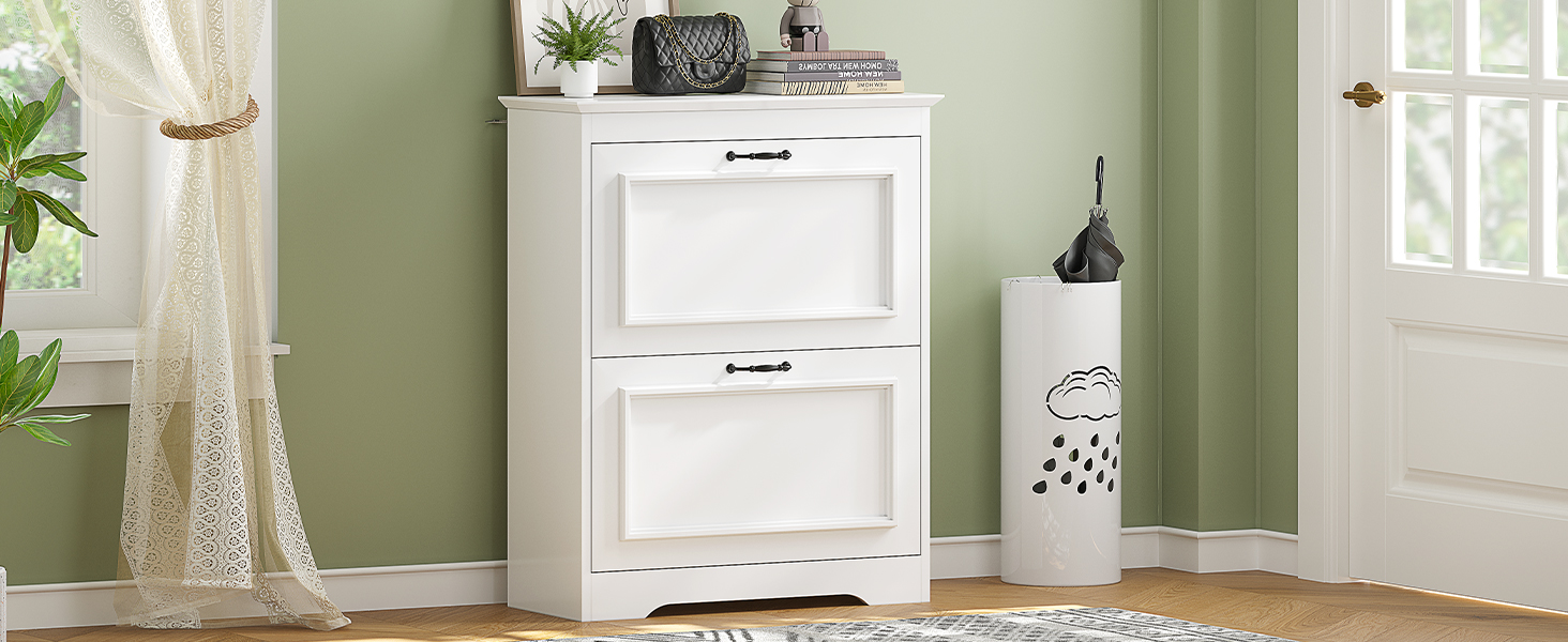 Шкаф для взуття Brinlawb білий з шухлядою, полицями та перегородками для 14-18 пар, для передпокою, вітальні