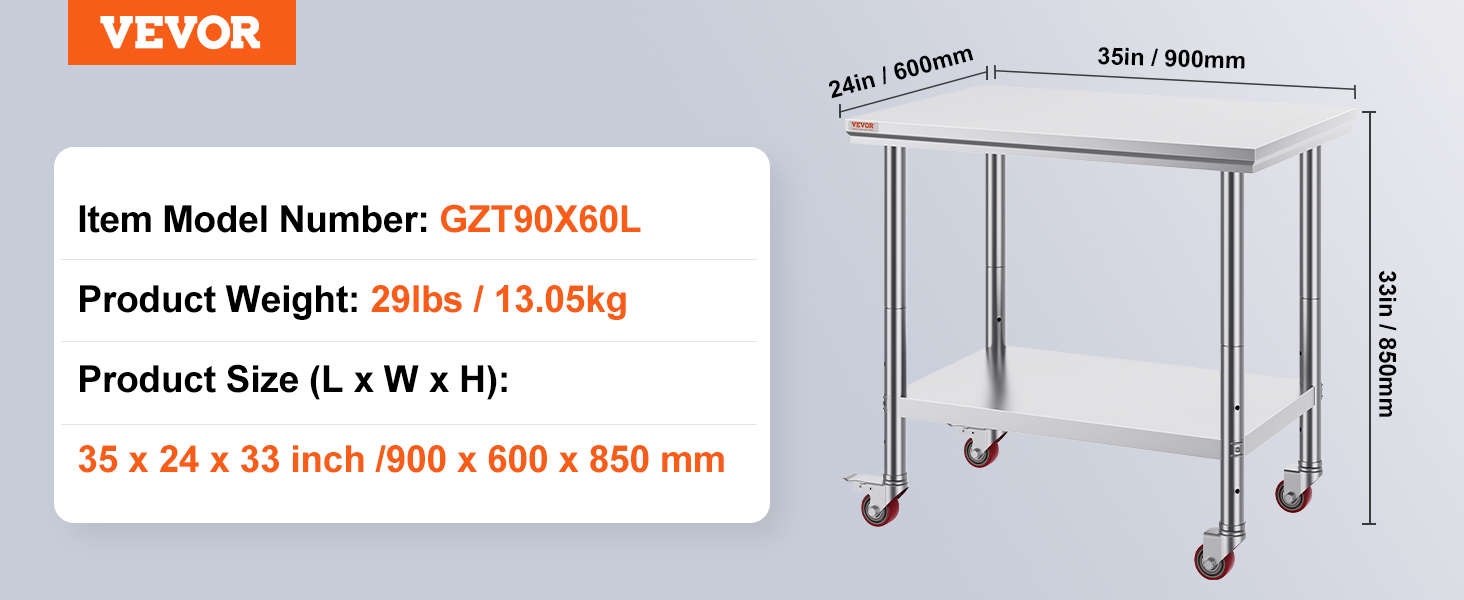 Нержавійна кухонна стільниця VEVOR 90x60x85 см з 4 роликами, регулювання висоти, 136 кг, для приготування їжі, сріблястого кольору