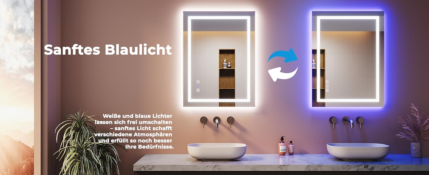 Дзеркало для ванної кімнати LOMIKEN з підсвічуванням, 60x50x3,5 см, LED, 6400K, 3 колірні температури, антивідблиск, вертикальна/горизонтальна установка