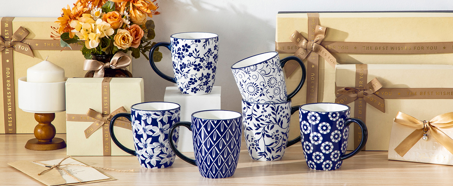 Набір кавових чашок Vancasso Selene, 6 шт., 360 мл, блакитно-білий вінтажний дизайн