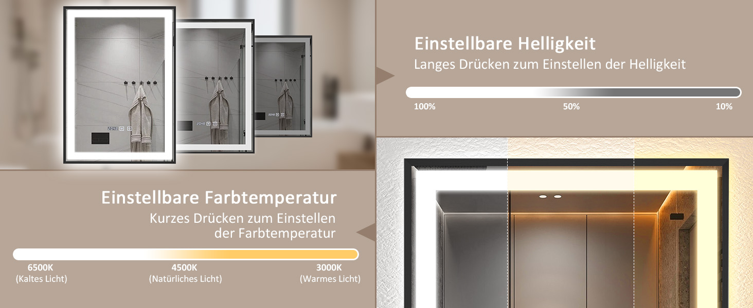 Дзеркало для ванної кімнати YOURLITE з підсвіткою, 85x55 см, LED, сенсорне керування, 3 кольори світла, регулювання яскравості, протизапобігання запотіванню, вертикальна/горизонтальна орієнтація, IP44, білий (чорний-5070)