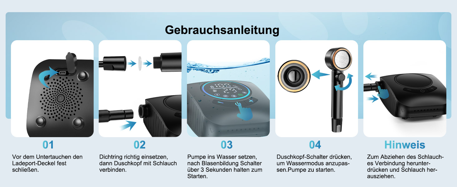 Портативна душ для кемпінгу AUTOPkio з акумулятором 8000mAh, насосом та дисплеєм, IPX8, чорний