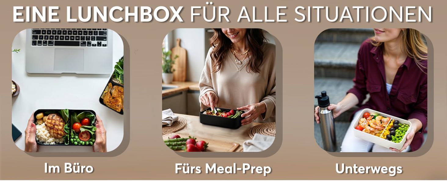 Ланчбокс Umami Lunchbox для дорослих, 1200 мл, з відділеннями та 4 столовими приборами, чорний & бежевий