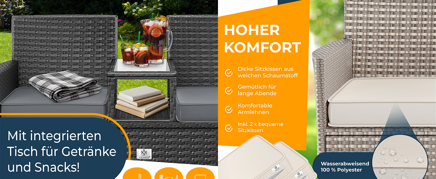 Садовий диван KESSER® з ротангу на 2 особи з вбудованим столиком, 143×63×88 см - стійкий до погодних умов, комплект з подушками та чохлами, антрацит