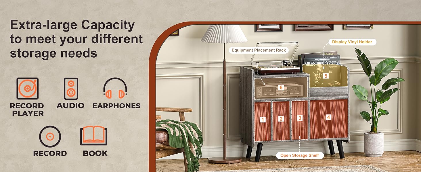 Стіл для програвача, стійка для вінілових пластинок середини століття з місцем для зберігання до 350+ альбомів, шафа для вінілу з регульованими полицями (Сірий)