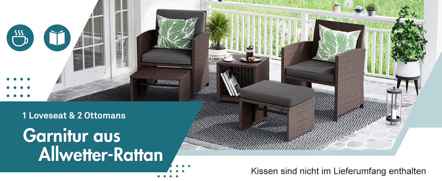 Садовий набір меблів з ротангу OC Orange-Casual 5 предметів: диван, крісла, столик, пуфи, подушки - темно-сірий