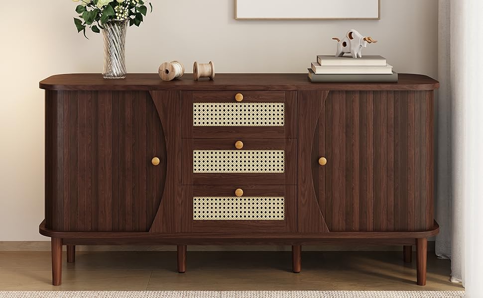 Комод з подвійними дверцятами та 3 шухлядами, дерев'яний, 140x40x76 см, стиль F, темно-коричневий