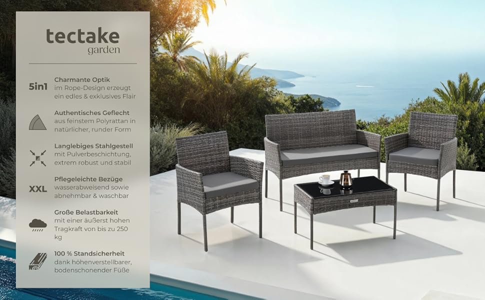 Набір садово-розкладних меблів tectake® з ротангу: банкетка, 2 крісла, столик, подушки, для балкона/тераси (сірий)