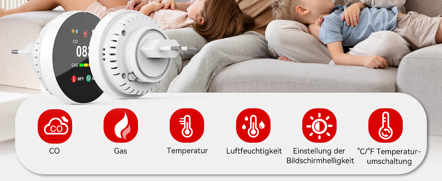 Детектор чадного газу та газу з вилкою, 4-в-1 CO-детектор з датчиком температури та вологості, з акустичним сигналом для дому та автокаравану, 1 шт. (Чорний) (Білий 1)