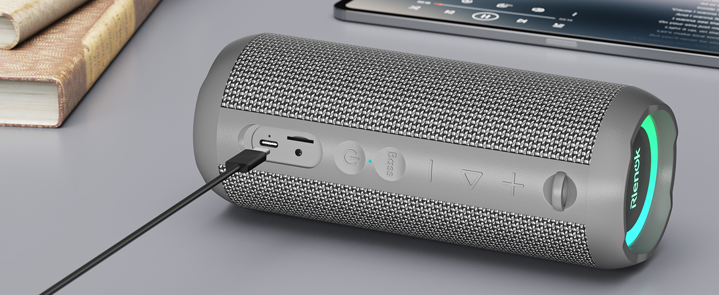 Портативна Bluetooth колонка RIENOK з підсвіткою, IPX7, 3600 mAh, баси, стерео звук (Сірий)