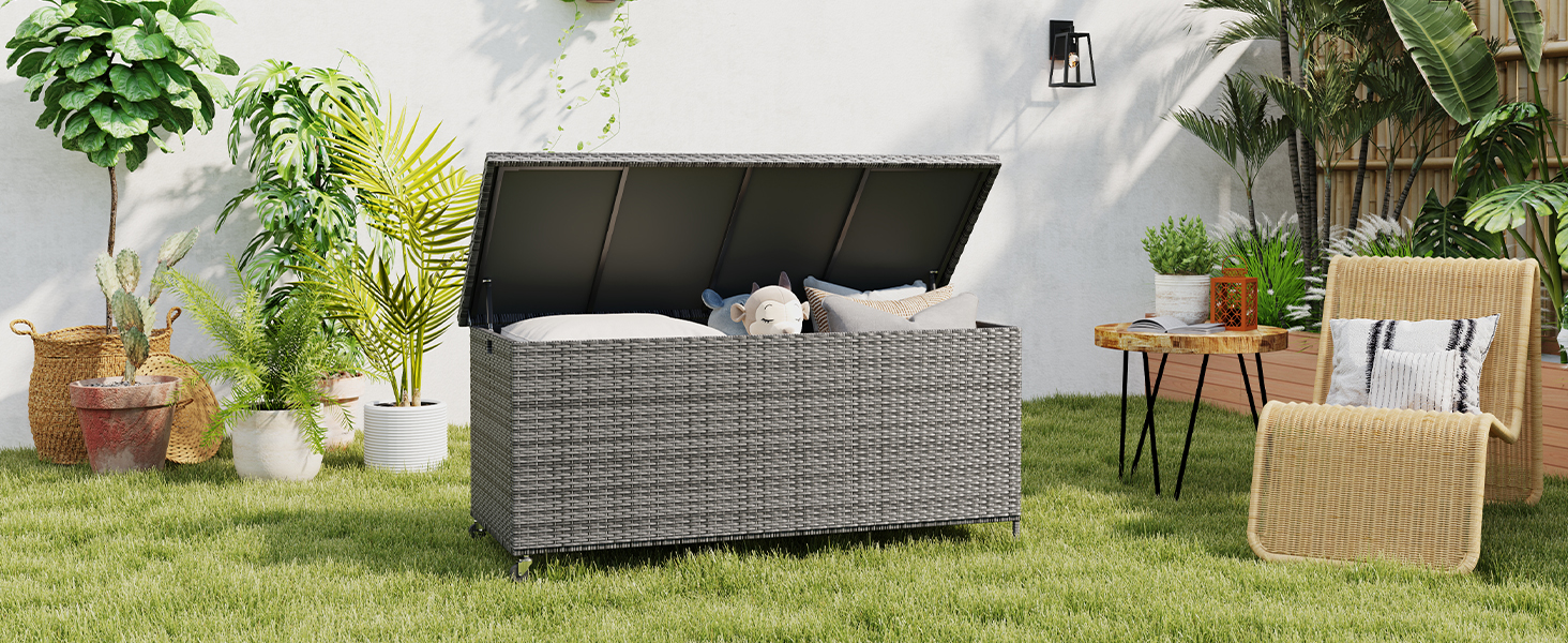 Скриня для подушок садових Polyrattan Amopatio 480л, водонепроникна, з роликами та газліфтом, сіра