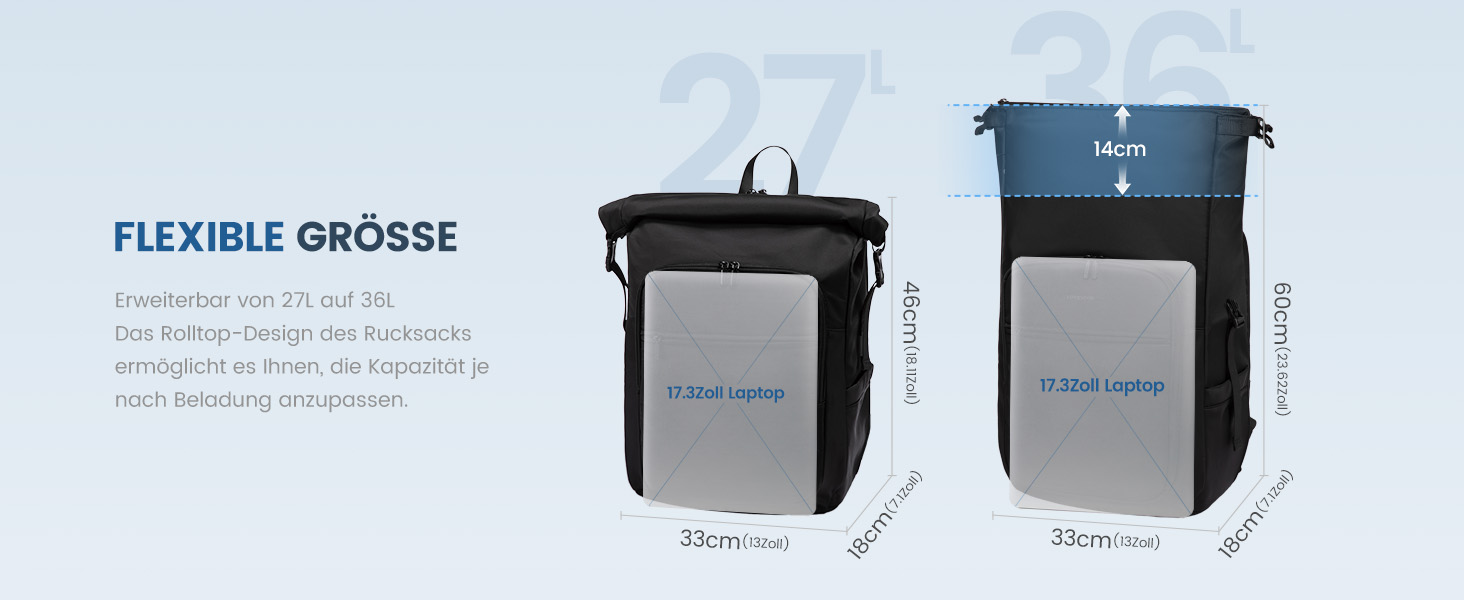 LOVEVOOK Рюкзак Rolltop, чорний, 17.3 дюйми, водонепроникний, для подорожей, школи, університету, велосипеда