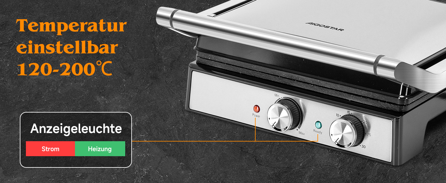 Контактний гриль Aigostar з керамічним покриттям, таймер на 30 хв. Паніні гриль та сендвічмейкер для сендвічів, стейків, тостів. 2000 Вт, регульований термостат, відкривання 180°, функція грилю