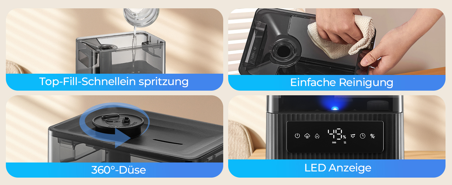 Ультразвуковий зволожувач повітря на 6л для великих кімнат, дитячої та спальні: безшумний холодний випарник з датчиком вологості, аромадифузором та верхнім заповненням, до 60 год роботи