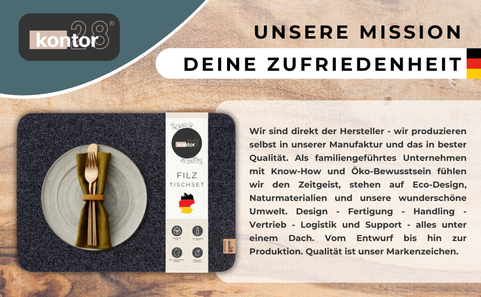 Набір килимків на стіл Kontor28® з фетру 100% Made in Germany | Килимки з переробленого rPET-фетру, миючі та стійкі до бруду | Стійкі до подряпин та високих температур, колір антрацит - набір з 6 шт.
