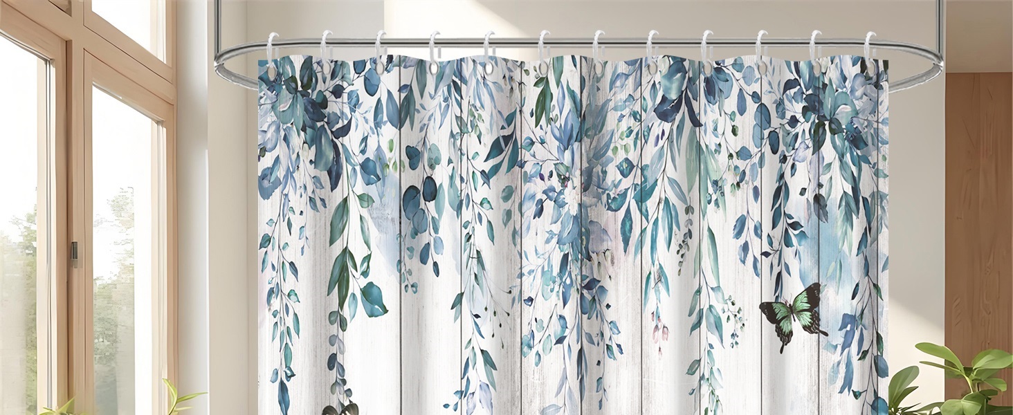 Шторка для душу 180x220 см, антигрибкова, з тропічним дизайном (пальмові листя, евкаліпт, гриби), водонепроникна, поліестер, для ванної кімнати, з 12 гачками (блакитна)