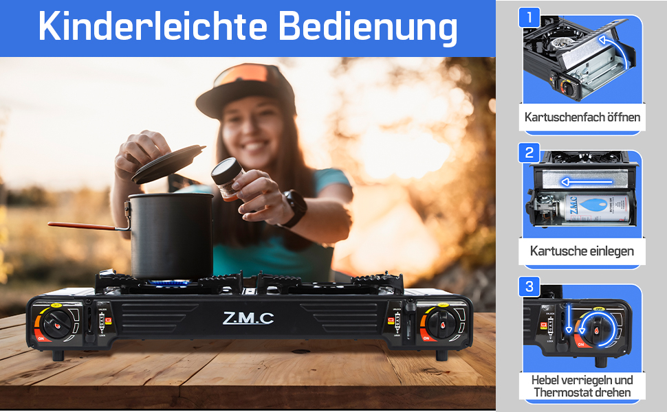 Преміум туристичний газовий набір ZMC: 2-конфортний газовий нагрівач 2,5 кВт з Piezo-запалюванням та валіза для транспортування | Для кемпінгу, балкону та дому | Включає гриль-плиту 45×24 см та газові картриджі 227г