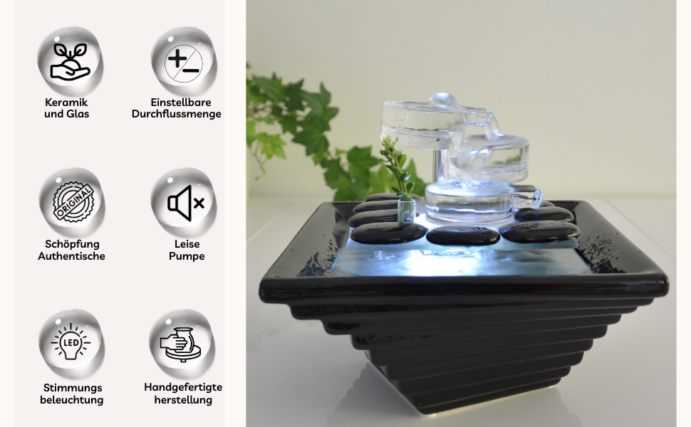 Внутрішній фонтан з кераміки та скла, декор для медитації, чаша Zen, подарунок, 20x23x23 см, Himalaya Zen'light