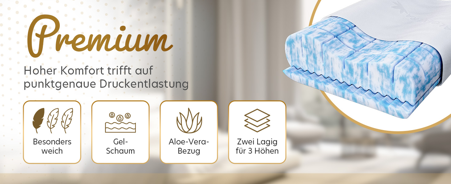 Ортопедична подушка для шиї OnlyDreams з гелевим шаром | Регульована висота + жорсткість | Чохол з алое вера | Підходить для сну на спині, животі та боці | Оeko-TEX (Преміум гель)