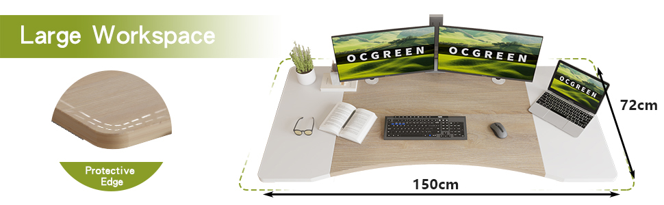 Електричний L-подібний стіл OCGREEN з регулюванням висоти 150x72CM, дуб, контроль пам'яті, з'єднувальна дошка