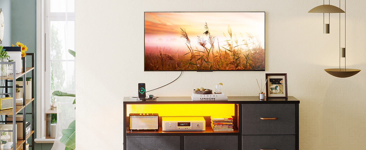 Комод Coleshome з висувними ящиками, світлодіодною підсвіткою, 2 USB та 2 розетки AC, 7 тканинних ящики, для спальні/вітальні, 132*30*89 см, чорний