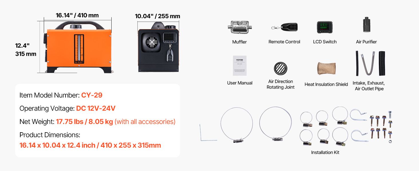 Електрична дизельна піч опалення VEVOR 12V 5-8kW з LCD-дисплеєм, пультом дистанційного керування та Bluetooth-APP (базова модель)