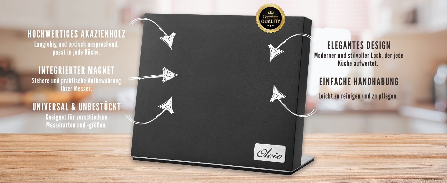 Магнітний тримач для ножів Oleio, чорний. Тримач без ножів з потужним магнітом, нержавіюча сталь, підставка для дамаських та кухонних ножів