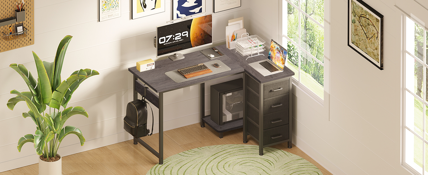 Комп'ютерний кутовий стіл Coleshome 120x70 см з 4 шухлядами, сірий, для офісу/кабінету/спальні