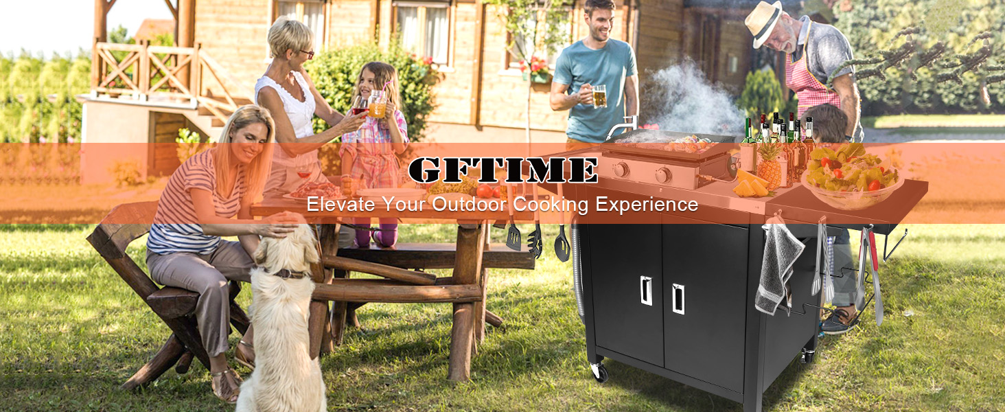 Гриль-вогн на колесах GFTIME: мобільний стіл для піци з нержавіючої сталі, кухонний острів з шафкою та полицями, 154 x 63 x 89 см
