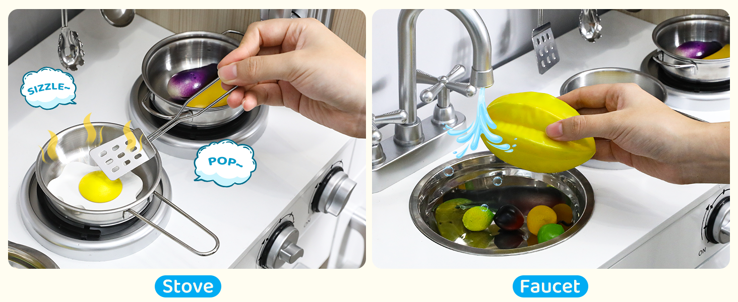 Дерев'яна дитяча кухня MAMIZO - іграшковий кухонний набір для дітей, 81x74x30 см, з підсвіткою та звуком, аксесуари, для дітей від 3 років, білий колір