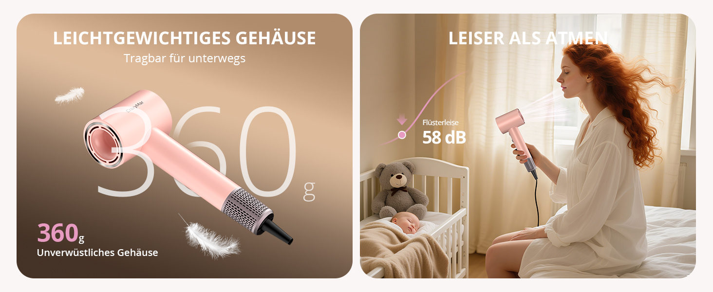 Іонний фен для волосся з безщітковим двигуном 180 000 об/хв, компактний дорожній фен з 4 режимами температури та захистом від перегріву, рожевий