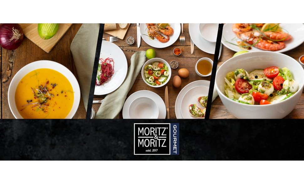 Набір посуду Moritz & Moritz BASIC 18 предметів на 6 осіб - сучасний, з високоякісного порцелянового посуду, класичний білий колір. Включає: 6 тарілок для вечері, 6 тарілок для десерту, 6 салатників (мисок).
