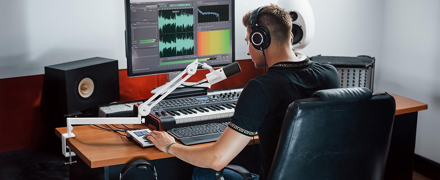 Мікрофонна стійка TONOR T40LP низькопрофільна, біла, з прихованими пружинами, 37+37 см для геймінгу, подкастів, запису звуку