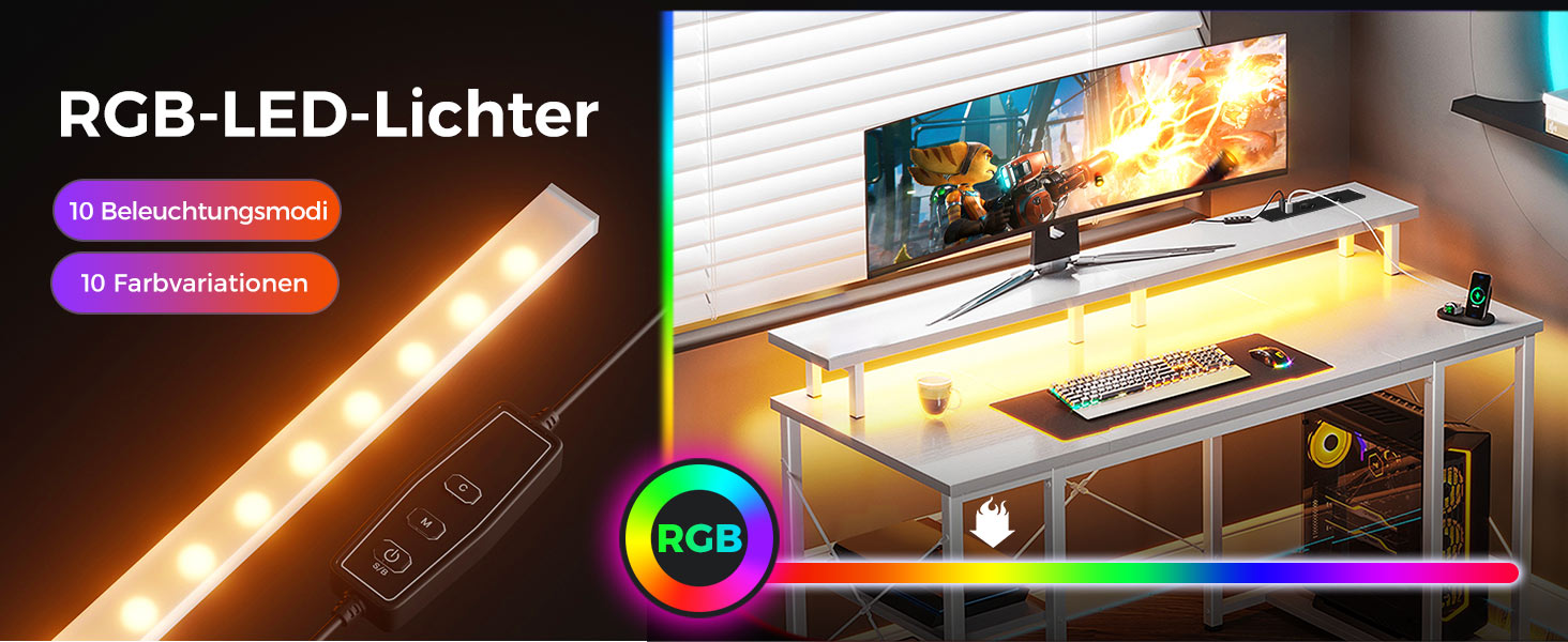 Ігровий стіл Coleshome з LED-підсвічуванням, комп'ютерний стіл з 2 розетками та 2 USB-портами, стіл для геймінгу з підставкою для монітора та місцем для зберігання, для дому та офісу (білий, 120x50 см)