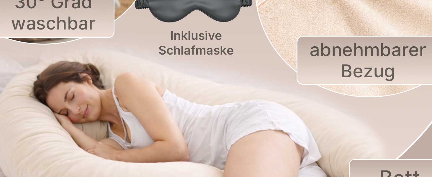 Подушка для вагітних ELONEO NEU для сну на боці, подушка для годування, XXL розмір, кремова, знімний чохол, подушка для читання, пральна