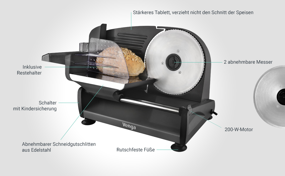 Венга Універсальний електричний харчовий слайсер, нержавіюча сталь, 2 змінні леза, контроль товщини різання до 15 мм, 200 Вт, чорний, VG AS 3005 BK 200 Вт Чорний