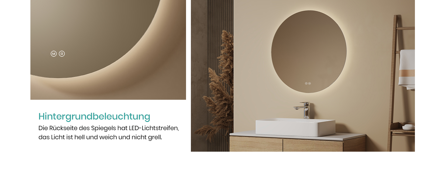 Дзеркало для ванної кімнати EMKE круглої форми з підсвічуванням 80 см – кругле дзеркало з 3 кольорами світла, регулюванням яскравості, сенсорним керуванням, функцією пам'яті та енергозбереженням. Розміри: 80 см x 80 см