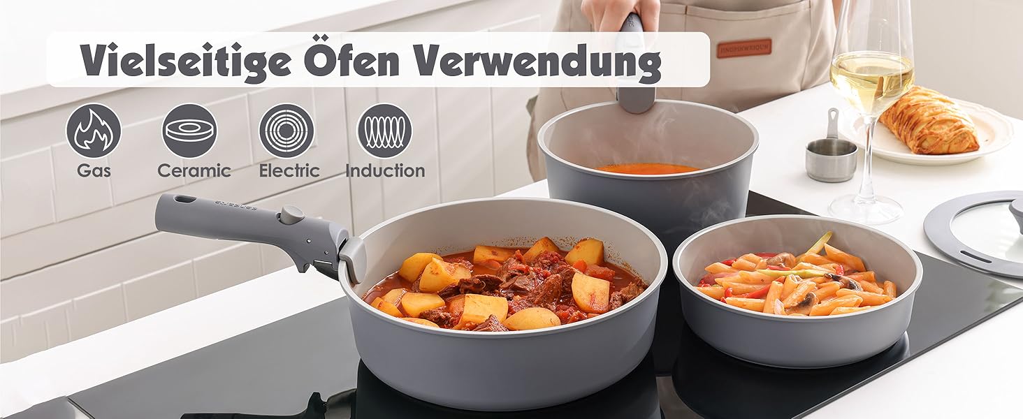 Набір каструль SENSARTE з керамічним покриттям (17 предметів), антипригарне, для всіх плит, безпечне, сумісне з посудомийною машиною та духовкою