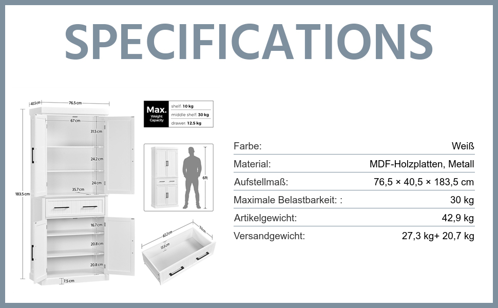 Шафа для зберігання Yaheetech 183,5 см, кухонна шафа з регульованими полицями та 2 шухлядами, багатоцільова шафа для дому, буфет для їдальні, велика, біла