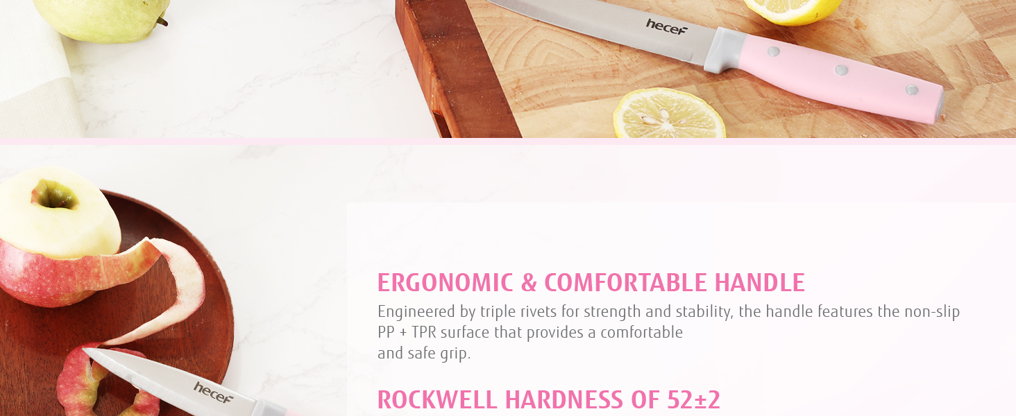 Набір ножів Hecef 14 предметів з дерев'яним блоком, професійний набір кухонних ножів з нержавіючої сталі, з ножицями, ножем для стейка та точилкою (рожевий)