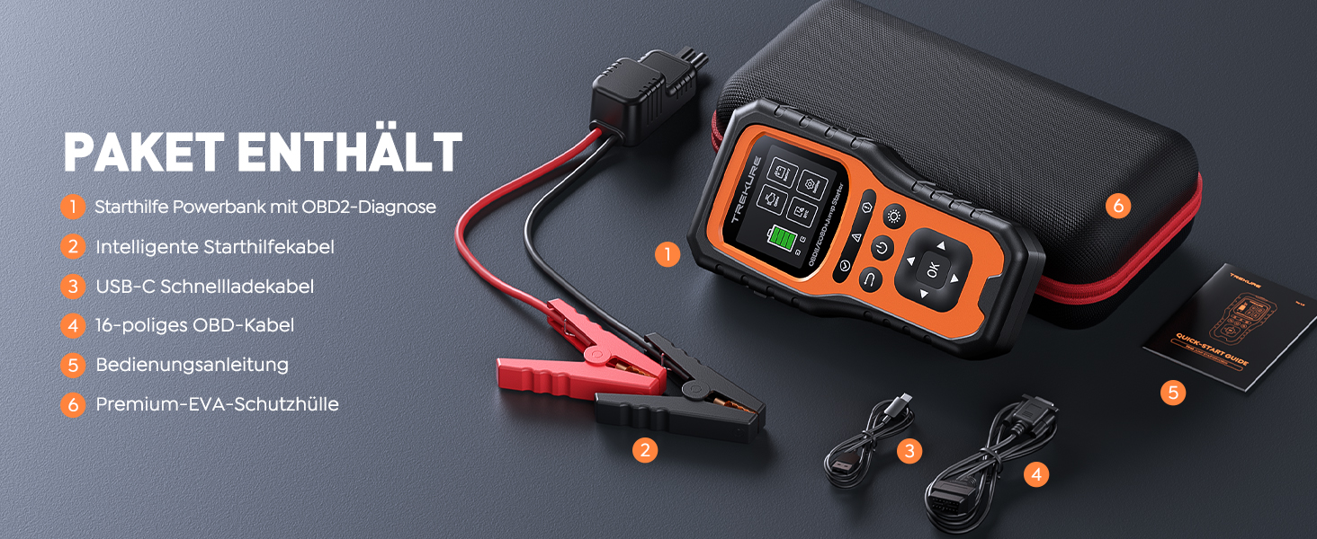Бустер для авто TREKURE 7000A: Пусковий пристрій 12V з тестером акумулятора та OBD2 діагностикою для бензинових та дизельних двигунів до 10.0L, з LED-ліхтарем
