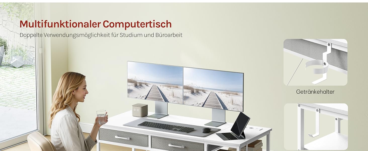 Комп'ютерний стіл WOLTU з 2 шухлядами, вбудованими розетками, USB та Type-C портами, підставкою для навушників та полицями, 120 x 51 x 75 см, білий