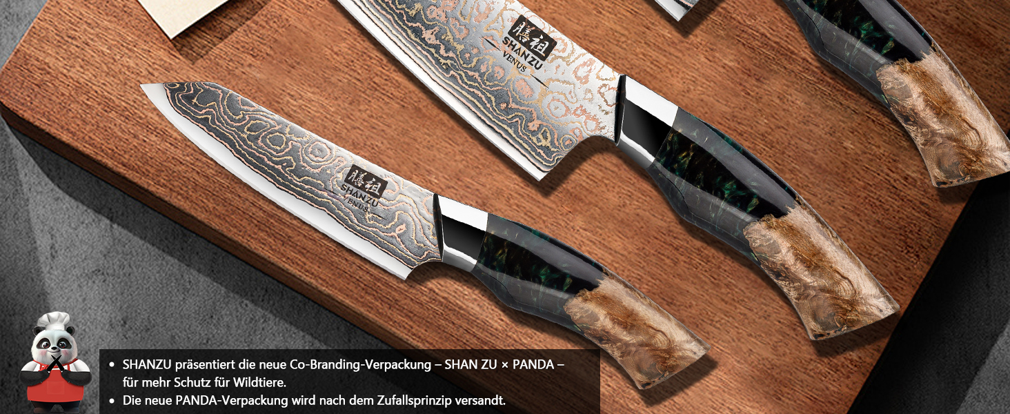 Набір кухонних ножів SHAN ZU Venus: 3 шт., 20 см, дамаск, ручка з міді, сталь 33 шари, ручна робота, японський кухонний ніж для професіоналів