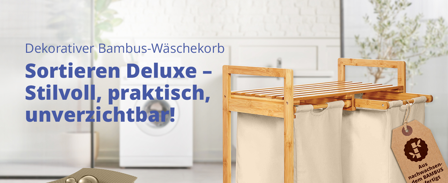 Кошик для білизни Lumaland з бамбука з 2 висувними мішками для білизни | Легкий у догляді, стійкий до вологи, легко очищується | Висота 73 см x 64 см (ширина) x 33 см (глибина) [Бежевий] 2 відділення для білизни, 2 мішки для білизни | Бежевий