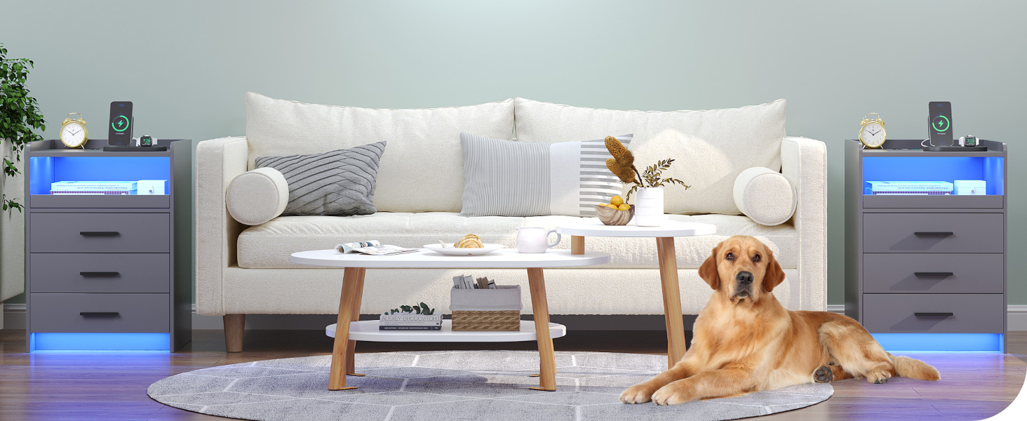 Нічний столик FREDEES з LED-підсвічуванням, ящиком та зарядкою, сірий (2 шт.)