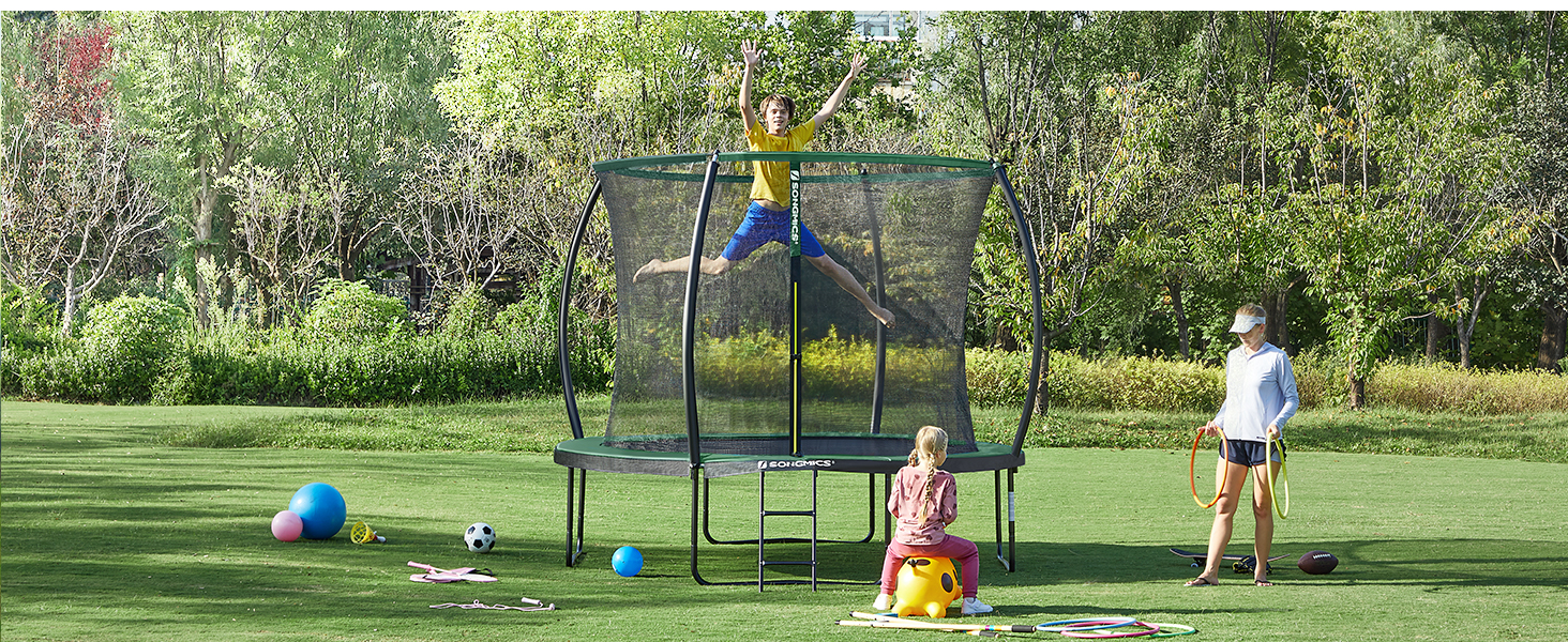 Батут SONGMICS садовий Ø366 см з захисною сіткою, драбиною та м'якими стійками, чорно-зелений