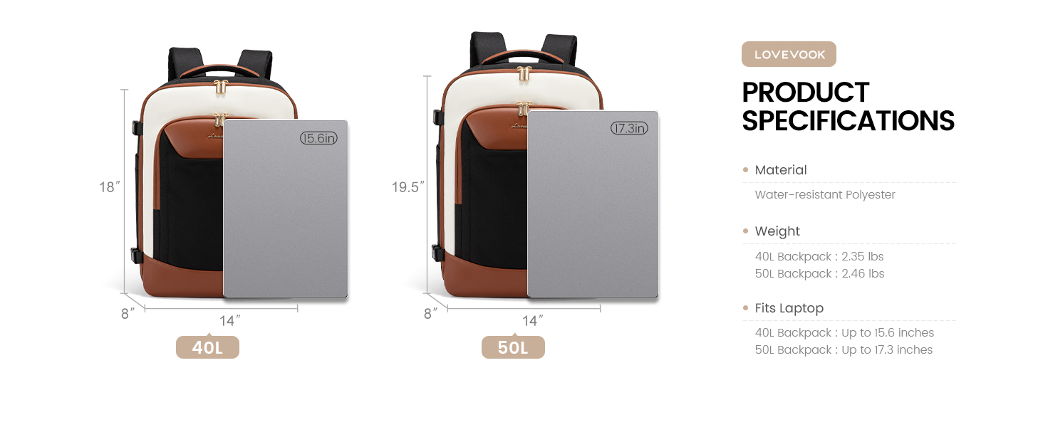 LOVEVOOK Рюкзак для ручної поклажі, 40L, для подорожей, з відділенням для ноутбука, водонепроникний, чорно-бежево-коричневий