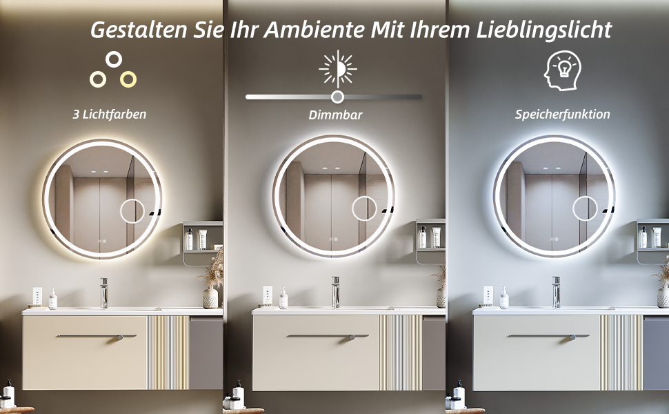 Дзеркало для ванної кімнати HySail з підсвічуванням, 5 мм, висока роздільна здатність, срібне покриття, 3 колірні температури та регульована яскравість, настінне дзеркало з сенсорним вимикачем та антизапарюючим покриттям, кругле (80x80 см)